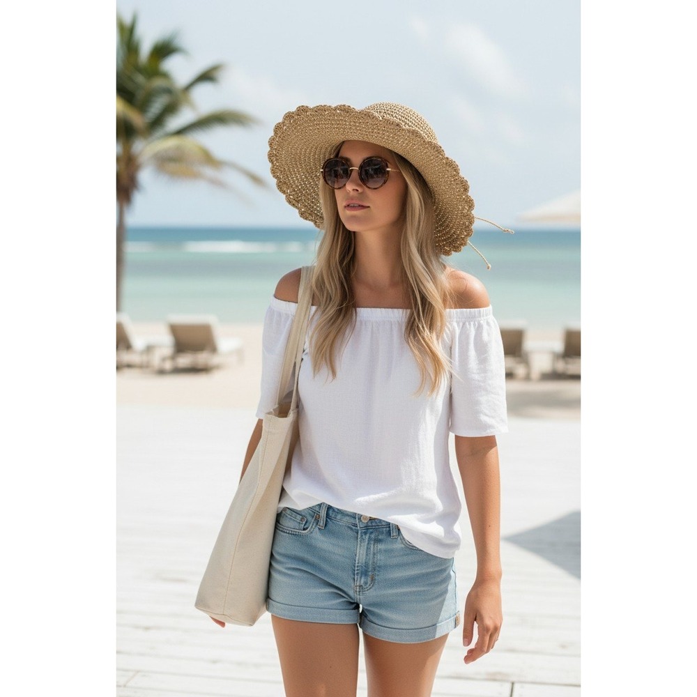 Boho Crochet Straw Sun Hat Wide Brim Floppy Beach Coastal Resort Vacation